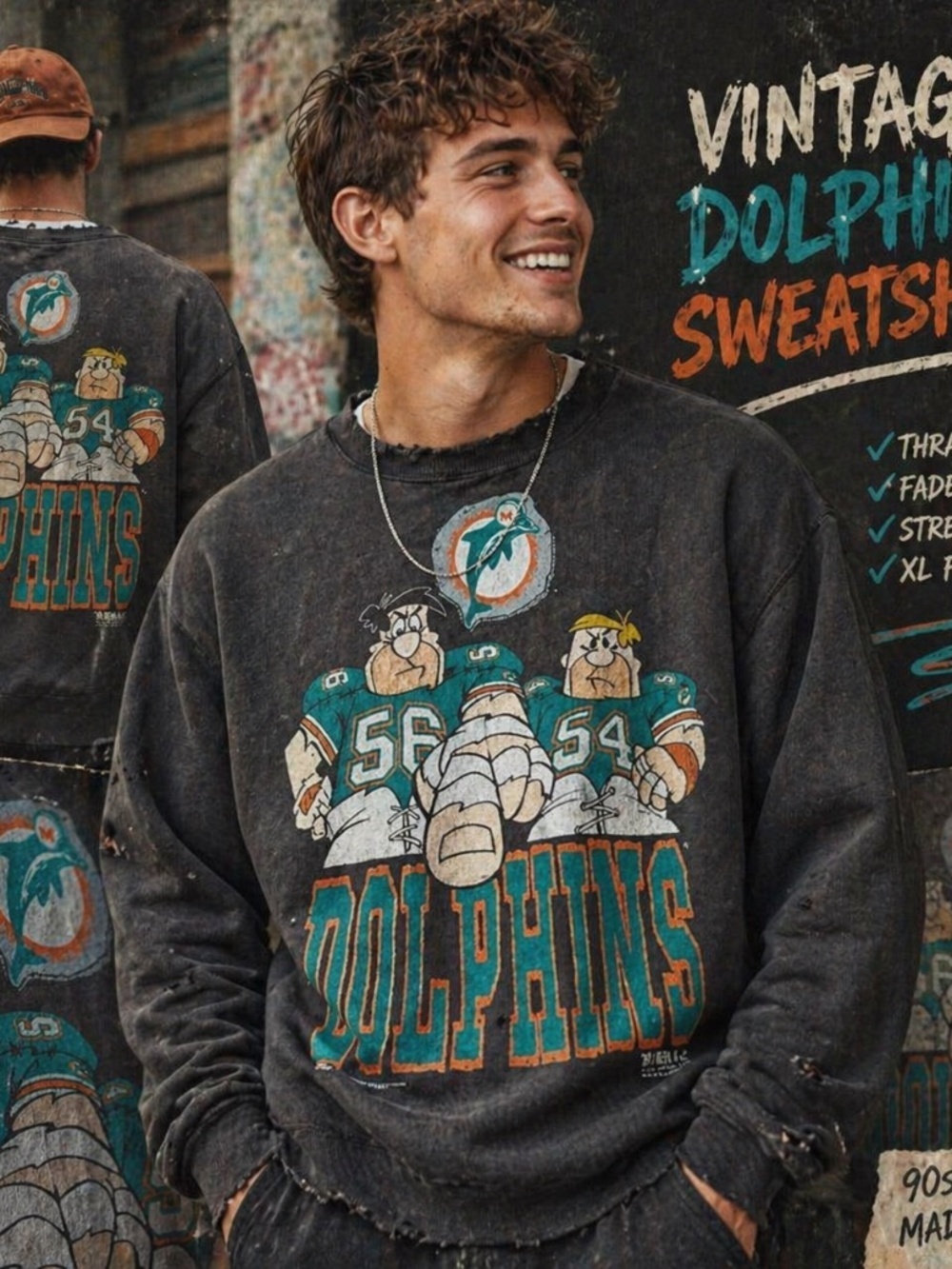 VNTG Dolphins Flintstones Sweatshirt XL Thrashed Grunge Faded Black 90s Tultex